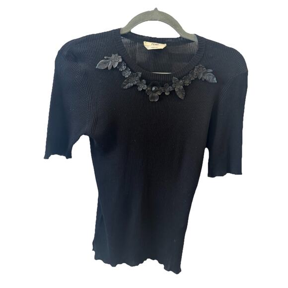 FENDI black Silk Short Sleeve Shirt With Leather Embellishment - Picture 1 of 16